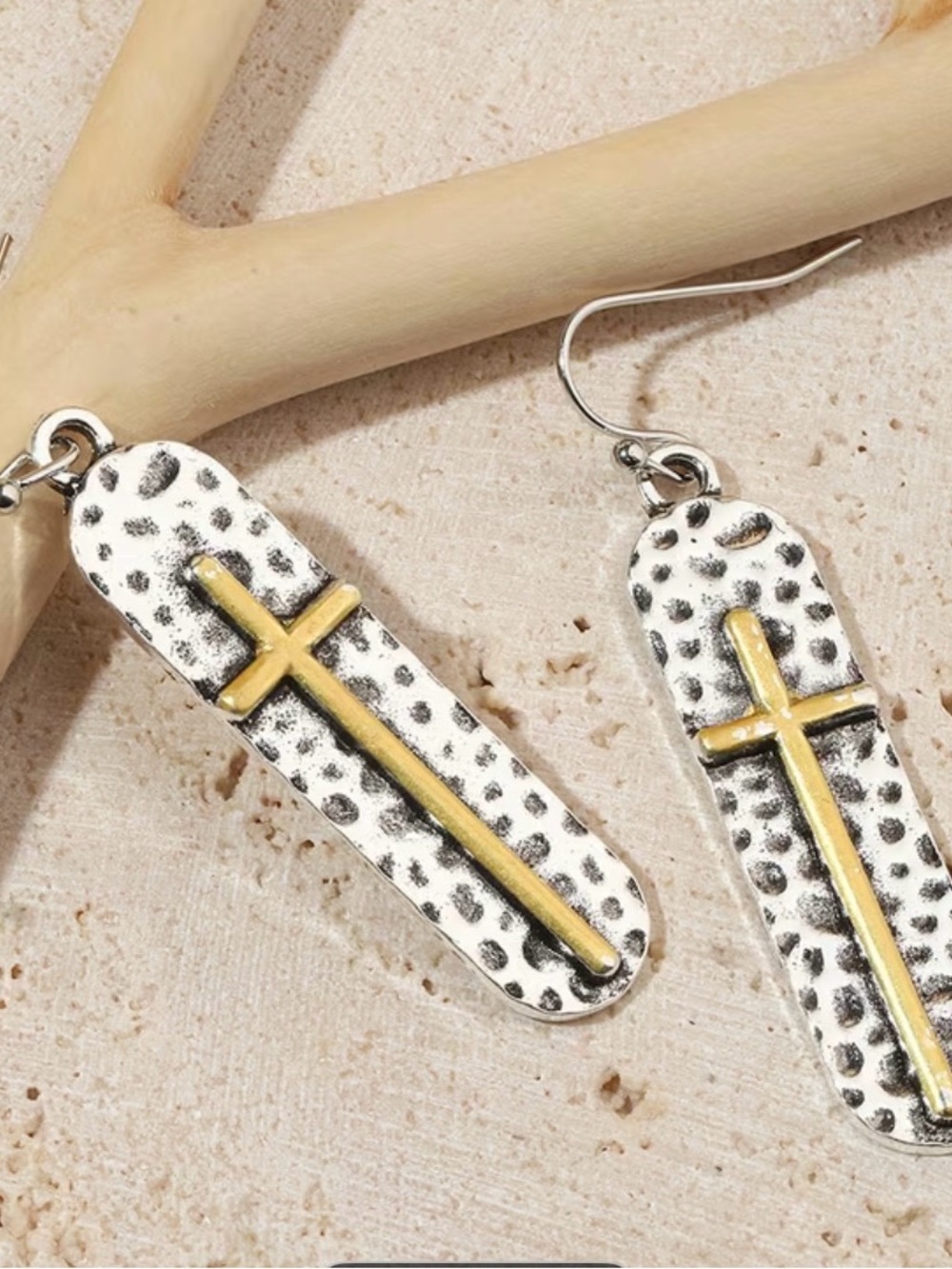 Hammered Silver Drop Earrings with Gold Cross Accent